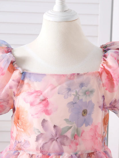 Summer New Girl Bubble Sleeve Colorful Flower Printed Princess Dress Cute Fashion Dress