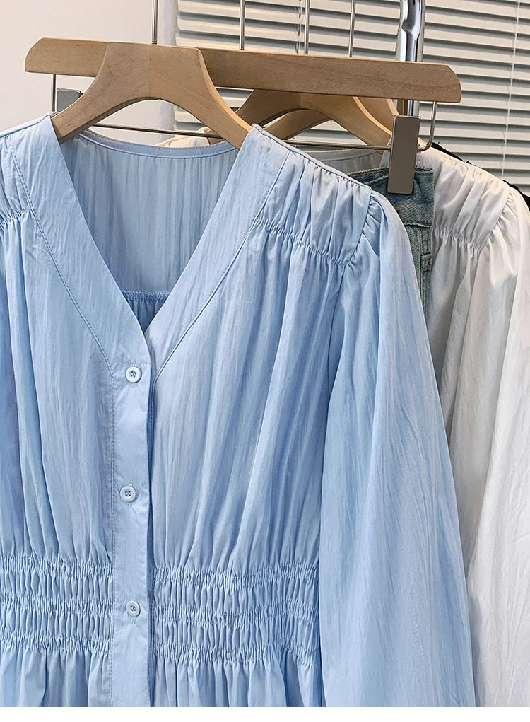 2026 V-neck Long Sleeved Plus Size Shirt Loose Pleated Ruffle Oversized Tops Ladies Chic Elegant Solid Versatile Blouse