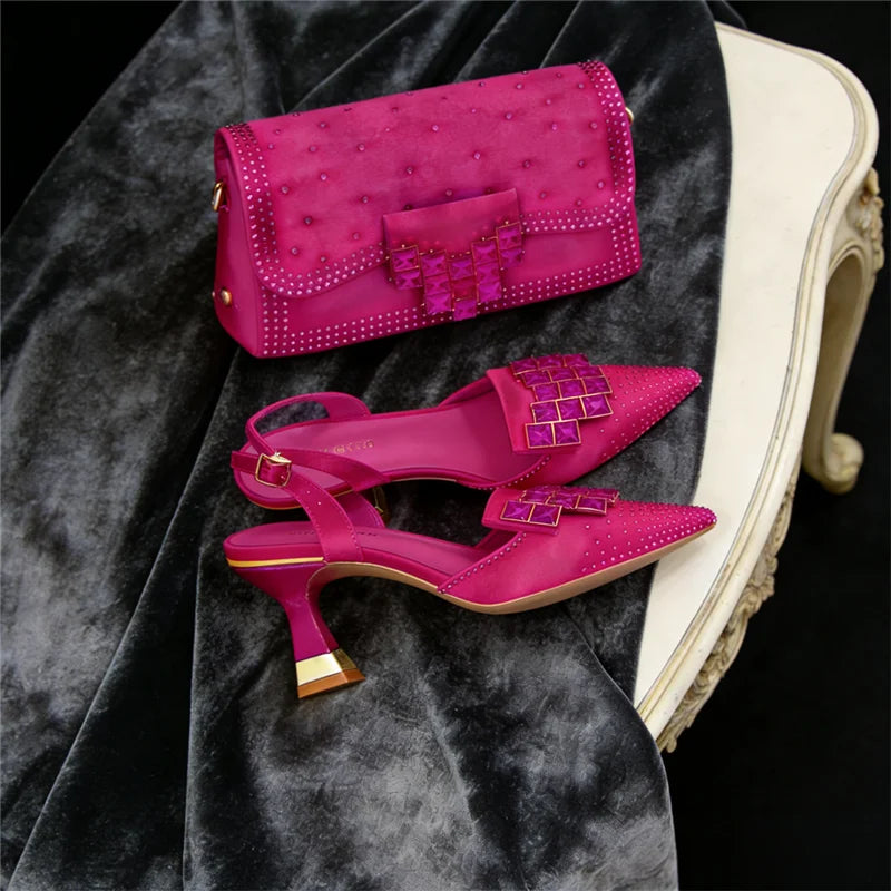 Italian Fashion Design Shoes and Bags Matching Set  High Heels green Color Rhinestones Elegant Women Shoes for Party