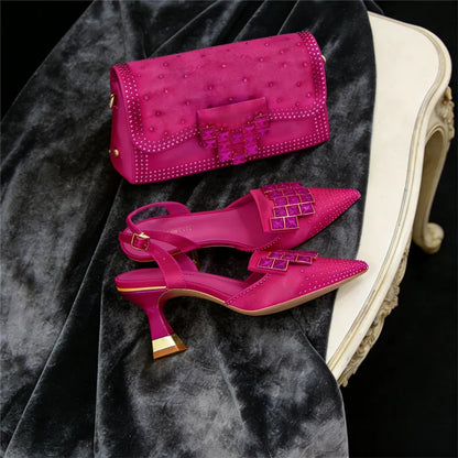 Italian Fashion Design Shoes and Bags Matching Set  High Heels green Color Rhinestones Elegant Women Shoes for Party