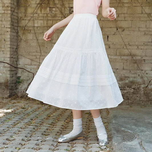 Skirt Women Elastic Waist A-Line Elegant 2025 New Summer Patchwork Lace Polka Dot Long Skirt Graceful for Daily Wear