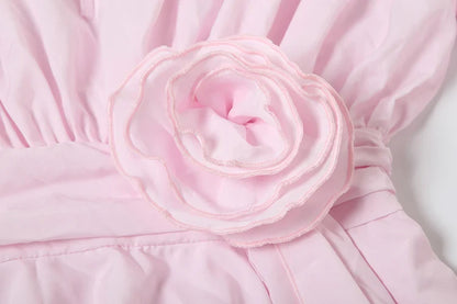 3D Flower Decoration Dress Women Y2K Sweet Style Flare Sleeve Ruched Ribbon Vacation Fashion Summer Mini Bodycon