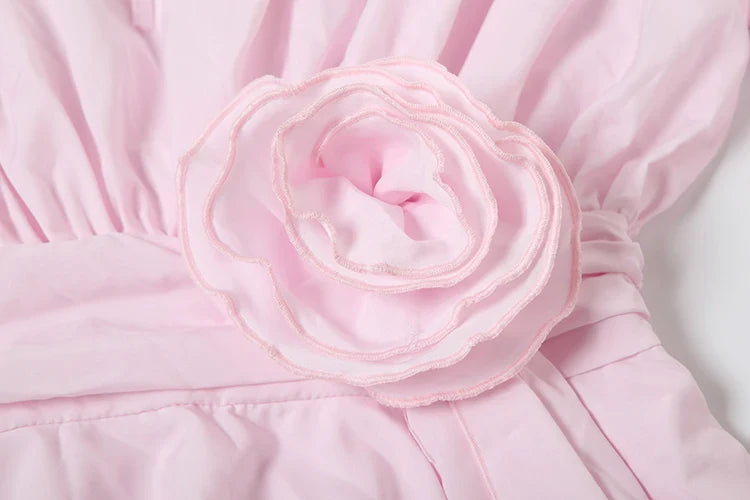 Elegant 3D Flower Decoration Dress Women Y2K Sweet Style Flare Sleeve Ruched Ribbon Vacation Fashion Summer Mini Bodycon