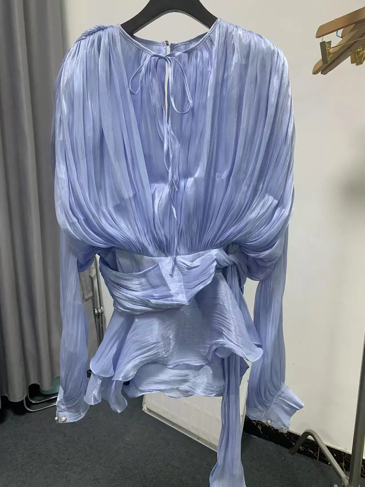 Solid Loose Splicd Lace Up Dresses For Women V Neck Long Sleeves Patchwork Ruffles Tunic Dreses Female Fashio New