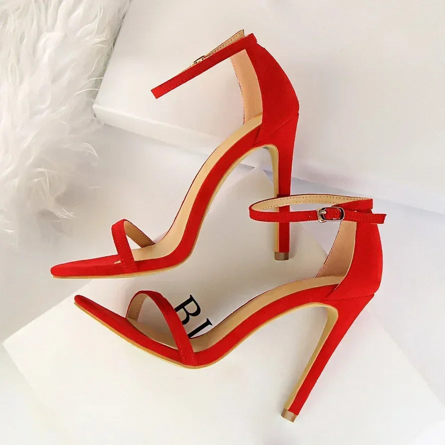 Women Gladiator Stiletto Classic Ankle Strap Holiday Beach Sandals Lady Fashion Suede 8cm 11cm High Heels Sexy Red Brown Sandles