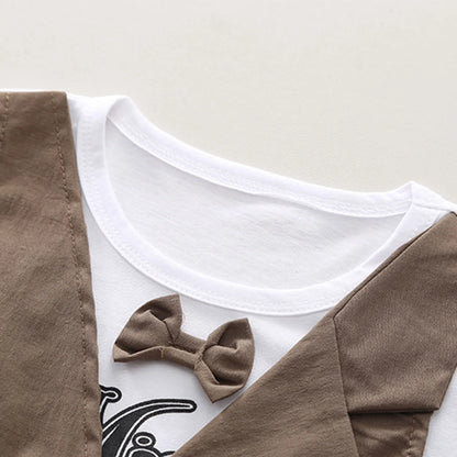 2Pcs Baby Boys Party Gentleman Outfit Short Sleeve Bowknot 2 in 1 T-shirt with Fake Waistcoat And Shorts Set Kids Summer Clothes