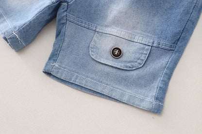 2026 Adorable Children Clothing Outfit Kids Boys Sets Summer 1-5Y Baby Boys Cotton Striped Shark Print T-Shirt and Denim Shorts