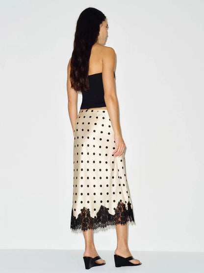 Women's Polka Dot Print Satin Skirt Sexy Lace Patchwork High Waist Skirts Chic Commute Street Party Lady Clothes for 2026 Summer