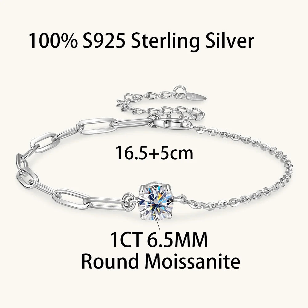 Certified 1CT Round Moissanite Solitaire Bracelet S925 Silver Plated 18K Gold D VVS Lab Diamond WristChain Jewelry Gift