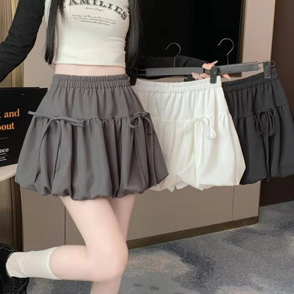 Summer Ballet Style Bow A-Line Women's Mini Skirts High Elastic Waist Tie Pleated Bud Balloon Skirt