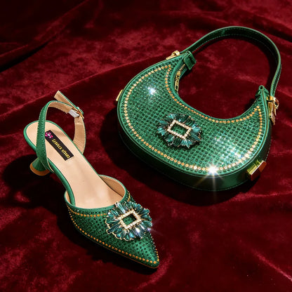 Sapatos Elegantes de Festa Femininos Nigerianos com Salto Médio e Bolsa Combinando – Calçados da Moda de Bico Fino para Ocasiões Especiais