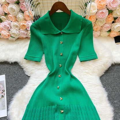 Fashion Vintage Turn-down Collar Knit Maxi Dress Elegant Single-breasted A-line Long Shirt Dress Lady Vestidos