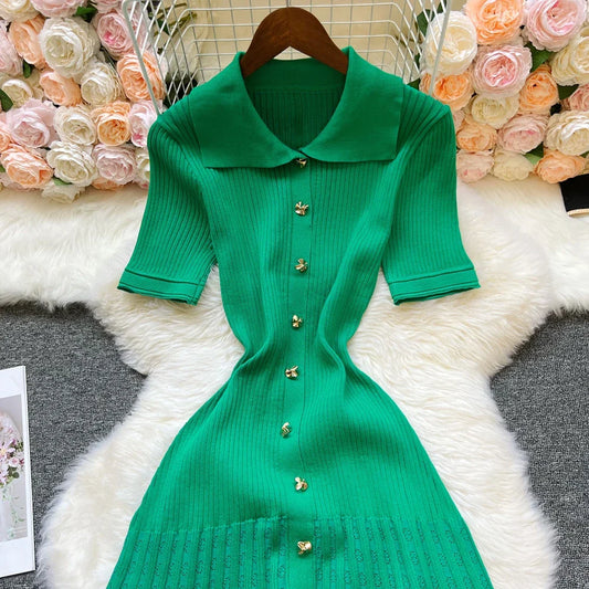 Fashion Vintage Turn-down Collar Knit Maxi Dress Elegant Single-breasted A-line Long Shirt Dress Lady Vestidos