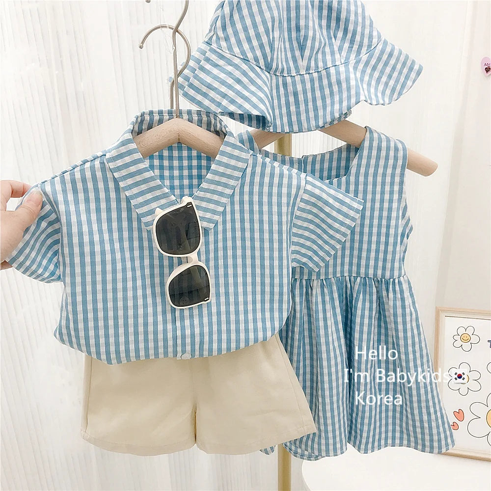 RAISE 2026 Summer Toddler Sibling Attire Fisherman's Hat Plaid Baby Girl Sundress Suits T-shirt Solid Shorts Infant Boy Outfits