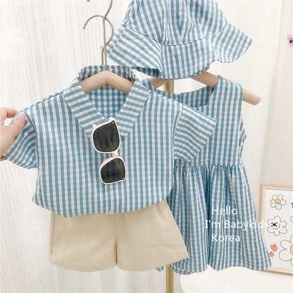 RAISE 2026 Summer Toddler Sibling Attire Fisherman's Hat Plaid Baby Girl Sundress Suits T-shirt Solid Shorts Infant Boy Outfits