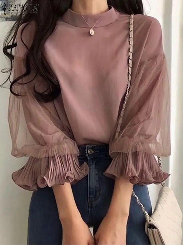 Women Elegant Party Blouse Chic Mesh Ruffle 3/4 Sleeve Tops 2025 Autumn Designer Stand Collar Shirts Korean Loose Tunics