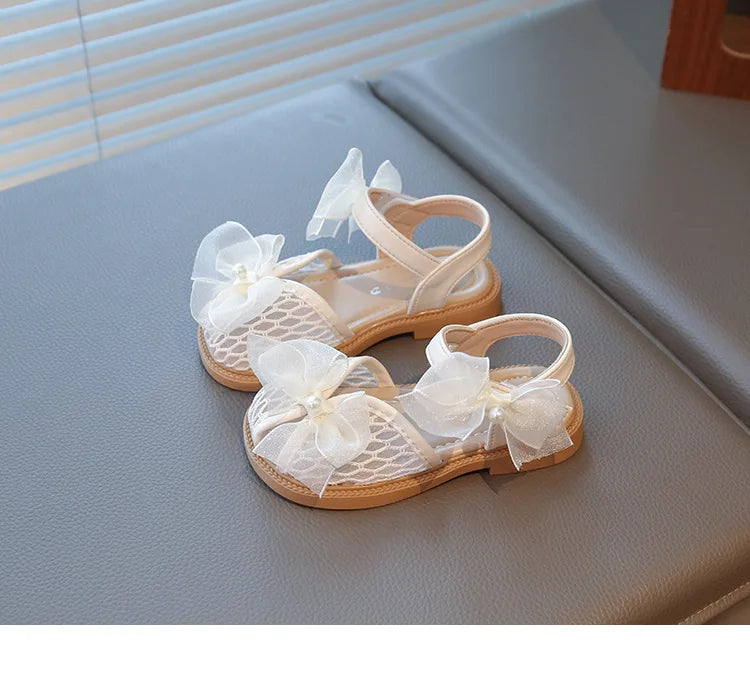2025 Mesh Peep-toe Princess Shoes Girls Sandals with Tulle Butterfly-knot Summer Evening Wedding Party Bridesmaid Sandals I05292