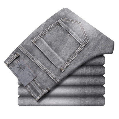2022 Autumn Spring Fitted Straight Stretch Denim  Classic Style Badge Youth Men's Business Casual Jeans Trousers