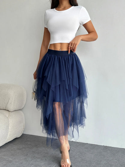 Ladies' high waisted elastic waist layered chiffon midi skirt with irregular asymmetric hem party casual mesh fairy ballet skirt