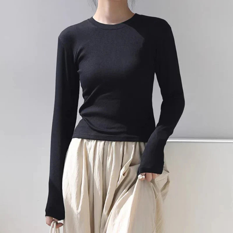 Camisa Feminina Gola O Manga Longa de Algodão Sexy Cropped Tops Outono 2025 Preta Casual Skinny Slim Básica Camisetas Femininas Roupas Brancas