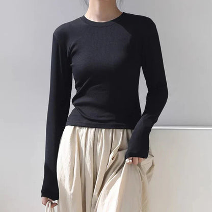 Camisa Feminina Gola O Manga Longa de Algodão Sexy Cropped Tops Outono 2025 Preta Casual Skinny Slim Básica Camisetas Femininas Roupas Brancas