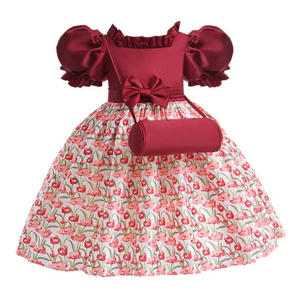 Summer Girls Dress With Bag Elegant Kid Floral Print Princess Party Dresses For Girl Children Costume Birthday Wedding Prom Gown