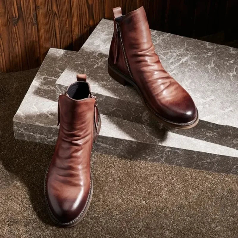 Men's Pu Boots Fashion Chelsea Men's Comfortable High Top Zipper Boots Non-slip Flat  Men's Boots Cowboy