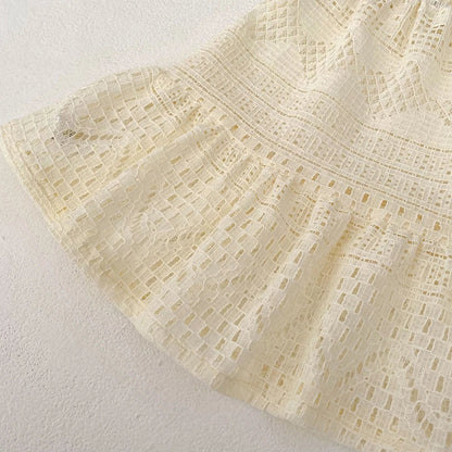 2025 New Summer Girls Lace Hollow Out Ruffled Straps Princess Dress Kids Party Dresses Baby Girls Fashion Summer Outfit