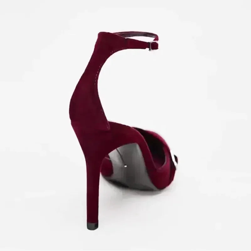 Elegant Burgundy Suede Ankle Strap High Heels Women Sexy Pointed Toe Buckle Strap Women Pumps Designer Party Shoes Heels Wedding