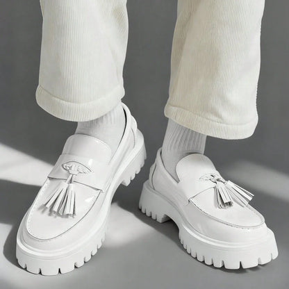 Fashion Tassel Thick Sole Leather Men's Shoes Loafers Slip-On Business Dress Shoes For Gentleman Glossy Formal Party White Shoes