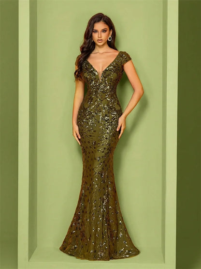 Elegant Champagne Evening Dress For Women Long 2024 Luxury Mermaid Formal Sequins Prom Wedding Party Cocktail Dresses