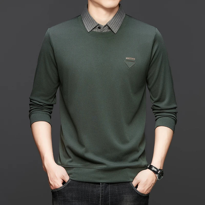 High Quality Men's Polo Shirt Contrast Color Lapel Long Sleeve T-Shirt Autumn New Exquisite Print Top Casual Business Menswear