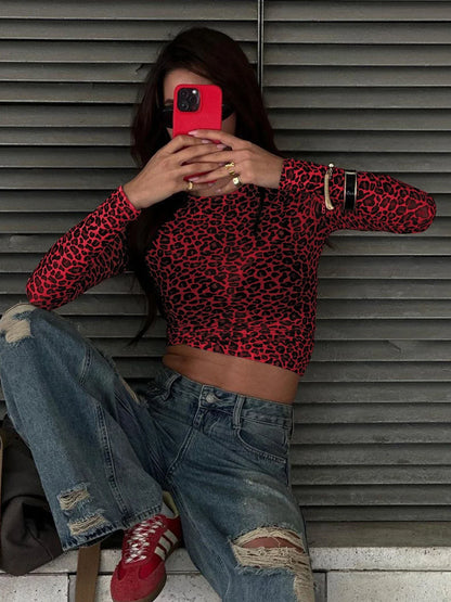 Sexy Long Sleeves Tops Mesh T Shirt Leopard Printed Bodycon Women Clothes Lady Party Club Streetwear Casual Nightout Y2K