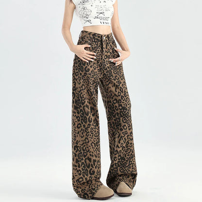 High Waist Retro Leopard Print Jeans for Women