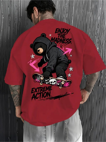 American men's summer trend skateboard teddy bear letter print soft and breathable round neck T-shirt outdoor casual top