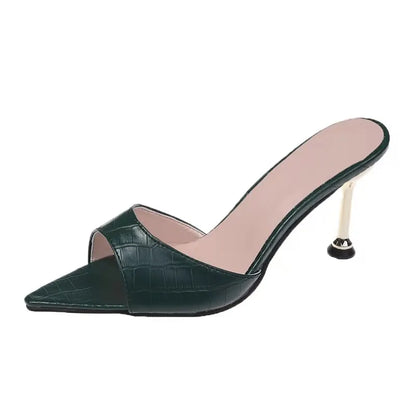 Glamorous Crocodile Texture High Heel Sandals - Chic Slip-On Stilettos with Pointy Peep Toe for Fashion-Forward Parties Banquets