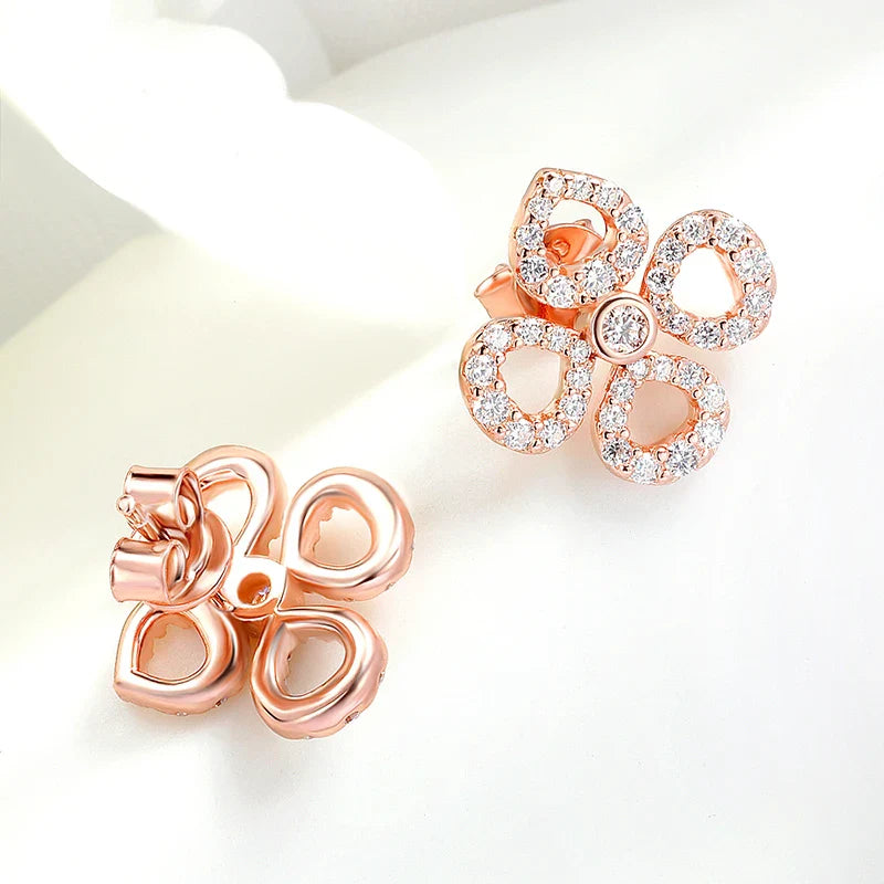 Flower All Moissanite Stud Earrings for Women Full Diamond Round Cut Sparkling Girls Jewelry Pure 925 Silver Plated 18k