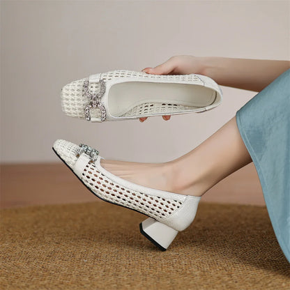 Women's genuine leather braided microfiber patchwork summer breathable pumps crystal buckle 4cm thick med heel daily dress shoes