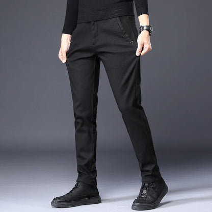Men's Slim Suit Casual Pants Thick Fashion Embroidered Pocket Trousers Business Baggy Office Comfortable Elastic Pants Male