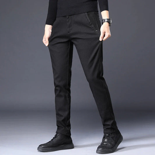 Men's Slim Suit Casual Pants Thick Fashion Embroidered Pocket Trousers Business Baggy Office Comfortable Elastic Pants Male