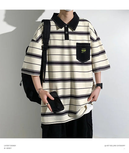 2024 New Summer Men POLO Shirt Trend Loose Clothing Students Short-sleeved T Shirt Tops Round Neck Five-quarter Sleeve Harajuku