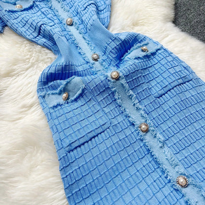Fashion Sexy Package Hips Knitted Dress Women V-neck Single-breasted Bodycon Sweater Dress Office Lady Vestidos