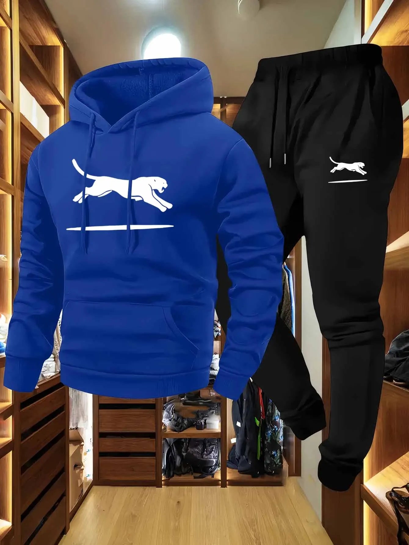 Casual Cargo Sweatshirt & Jogger Set Black White Leopard Print Soft Comfort Fabric Loose Fit Hooded Pullover Multiple Pockets