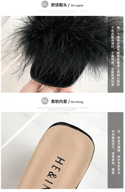 2023 Fluffy Peep Toe Sexy High Heels Women Shoes Fur Feather Lady Fashion Wedding Slip-On Pink Square Toe Women Sandals