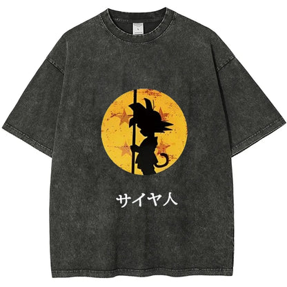 Vintage Washed Men's T Shirts Dragon Ball Goku Saiyan Anime Printed Summer Women's Oversized Short Sleeve Tees Y2k Clothes Tops