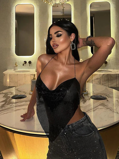 Shiny Metal Sequins Tank Tops For Women Sexy Backless V Neck Adjustable Chain Crop Top Lady Festival Rave Party Club Camisole