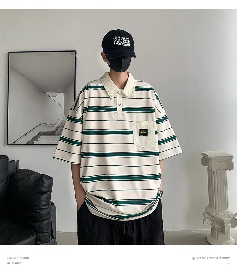 2024 New Summer Men POLO Shirt Trend Loose Clothing Students Short-sleeved T Shirt Tops Round Neck Five-quarter Sleeve Harajuku
