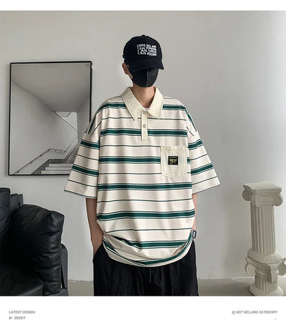 2024 New Summer Men POLO Shirt Trend Loose Clothing Students Short-sleeved T Shirt Tops Round Neck Five-quarter Sleeve Harajuku