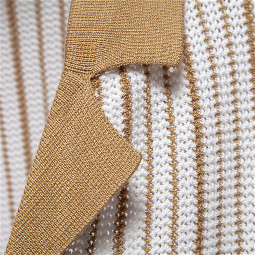 2025 Men's Striped Mesh Polo Shirt - Breathable Contrast Panel Knit Top with Turn-Down Collar