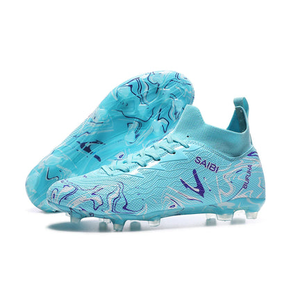 High-top football boots with long FG studs and TF studs,suitable for both men and women,featuring breathable and non-slip design